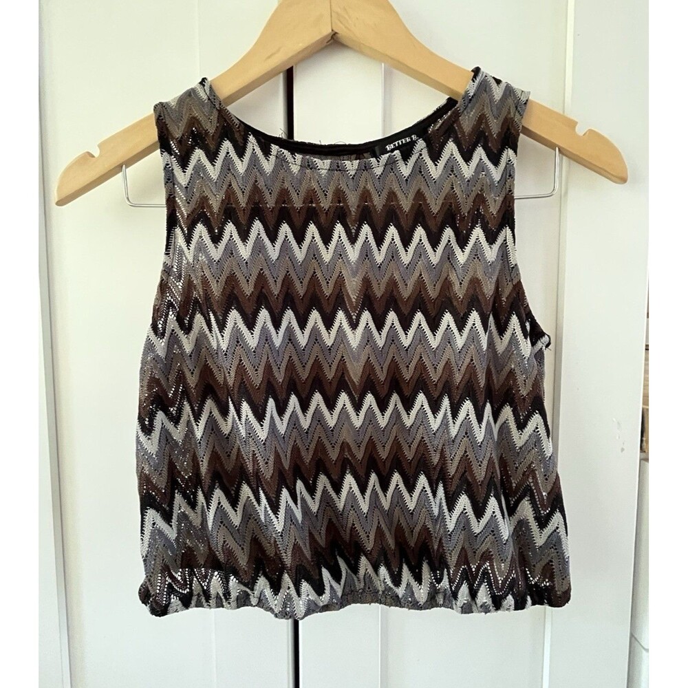 Better B Womens S Brown/Black/White/Gray Chevron Round Neck Knit Tank Zip Y2K